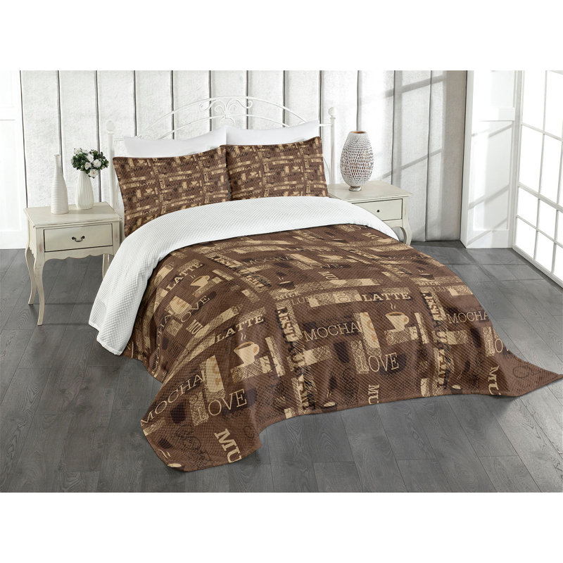 Ambesonne Coffee Bedspread Set Cafeteria Typography Brown Beige, King Bedspread + 2 Standard Shams