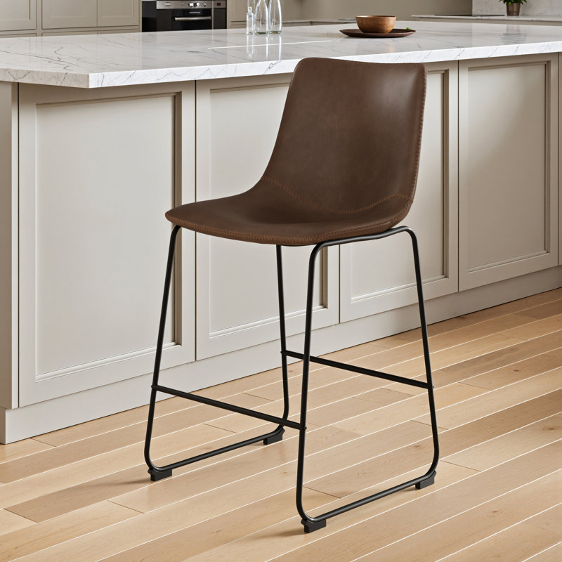 Nia Vegan Leather Bar & Counter Stool, Brown Distressed, Counter Stool (24" Seat Height), Black