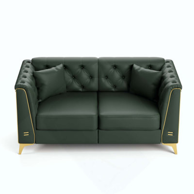 Canapé Chesterfield modulaire léger de luxe à 2 places, canapé en similicuir avec capitonnage à boutons fait à la main, accoudoirs garnis de métal et pieds minces en métal, comprend 2 coussins pour le salon, l’appartement