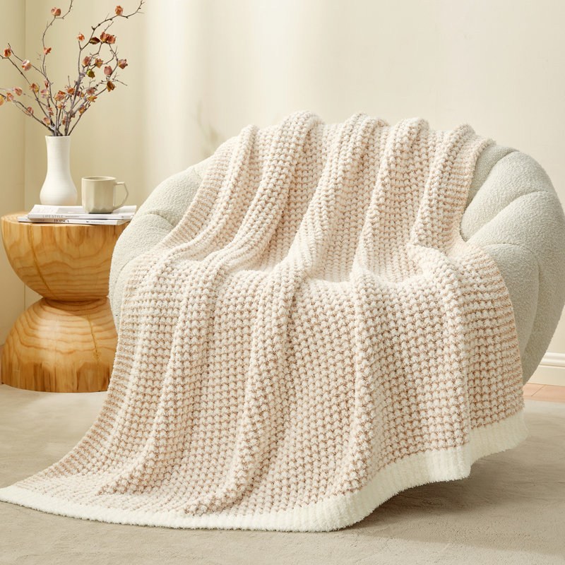 Jeté beige en tricot gaufré réversible, Beige / Blanc
