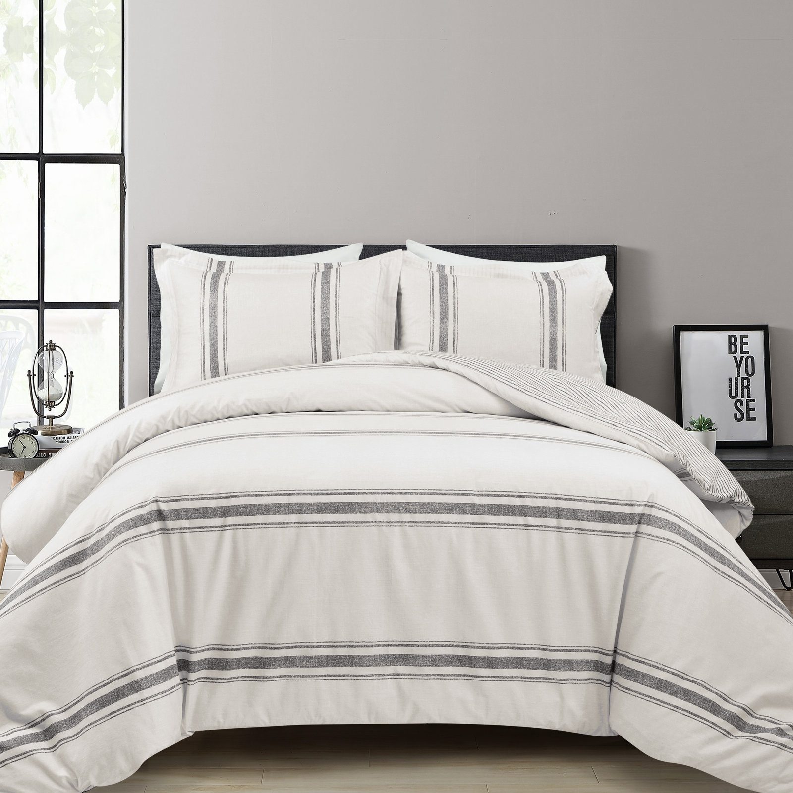 Cotton Duvet Cover Set, Gray, King Duvet Cover + Standard 2 Shams