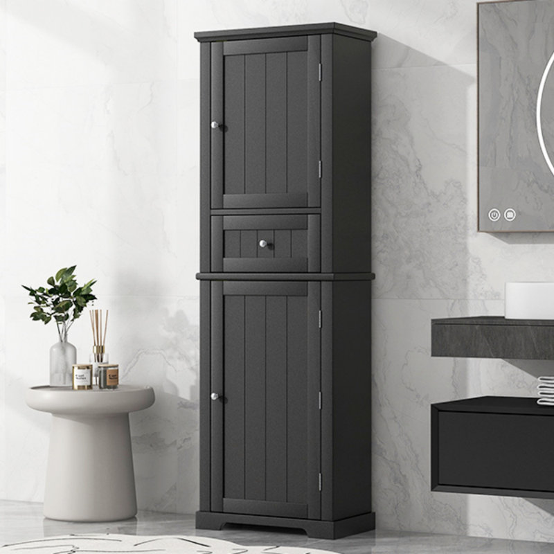Grande armoire de rangement pour salle de bain, armoire de rangement autoportante avec tiroir et tablette réglable, panneau de fibres à densité moyenne avec finition peinte, rangement pour salle de bain