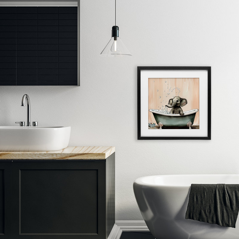 «Baby Elephant Bubble Bath», reproduction encadrée sous verre, conception de Sasha, Cadre noir minuit, H 16 po x l 16 po