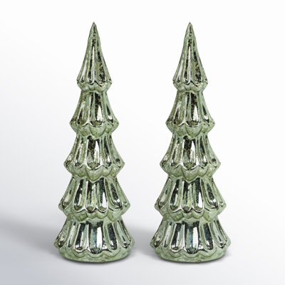 Marron Vintage Light Green LED Glass Tabletop Trees, Set of 2
