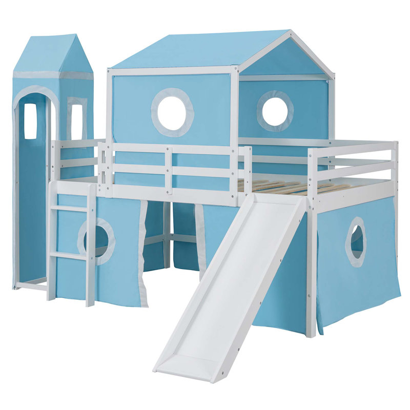 Lit mezzanine avec tente coulissante et tour, Bleu, Double