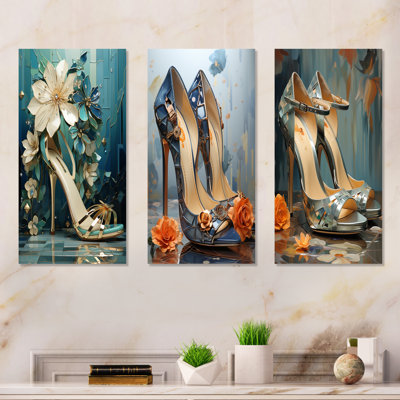 Blue High Heel Floral Elegance I - Fashion High Heels Metal Wall Art Living Room Set Of 3