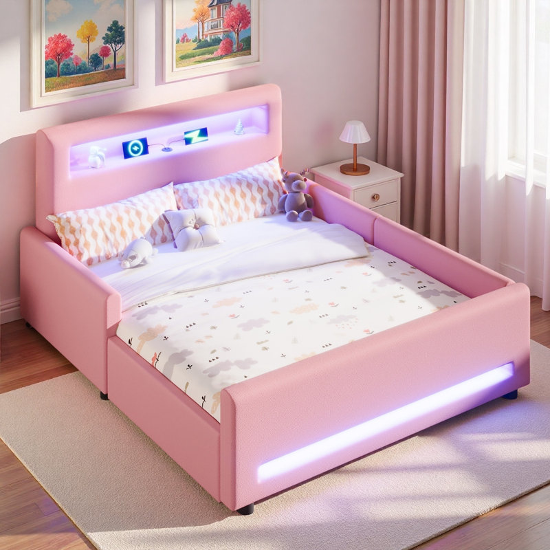 Lit plateforme tapissier avec tiroir, bande lumineuse à DEL et port USB, Lit double, Rose