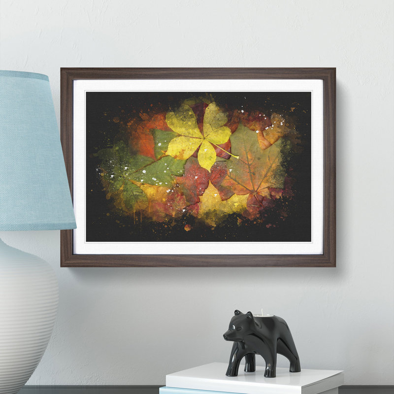 Leaves On An Autumn Forest Paint Splash - Picture Frame Graphic Art, 62cm H x 87cm W x 2cm D, Walnut Framed
