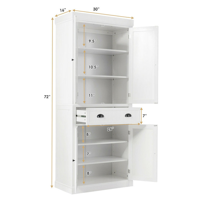 White 72" Freestanding Kitchen Pantry Cabinet with Adjustable Shelves