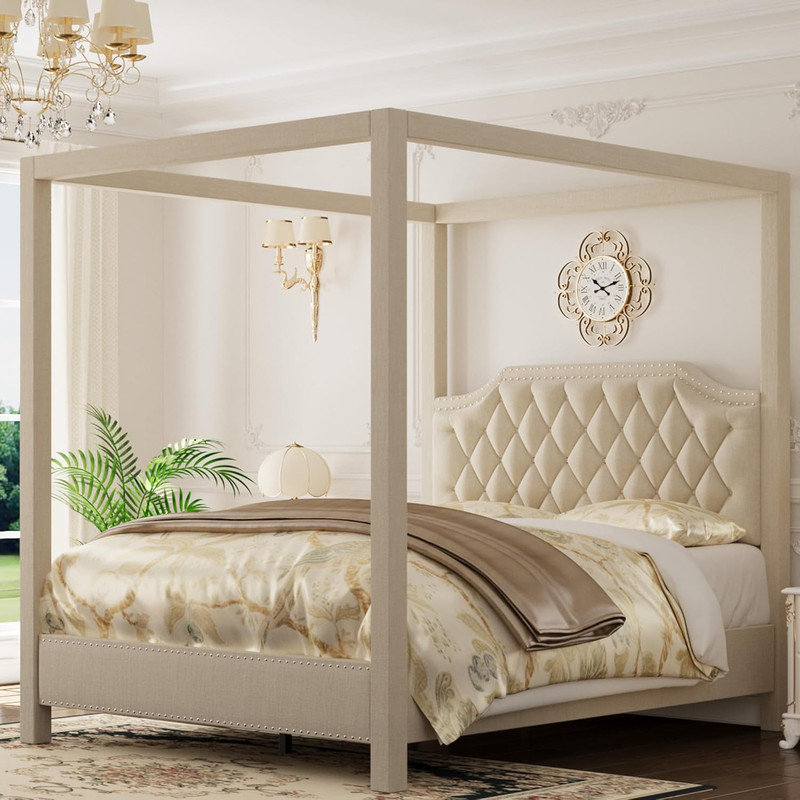 Luxury Upholstered Canopy Bed - Button Tufted Frame with Nailhead Trim, No Box Spring, Beige, Queen