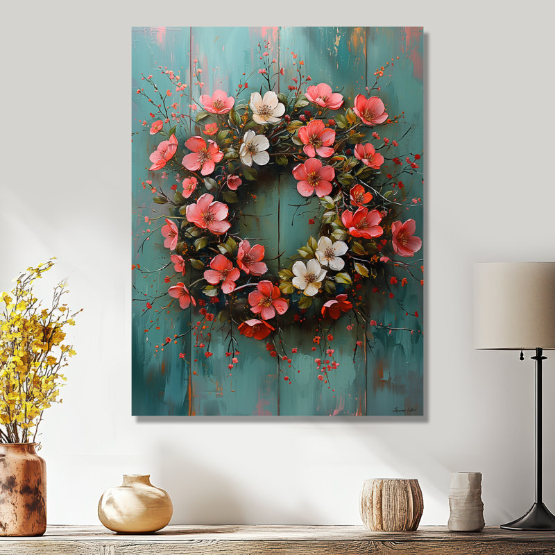 Rose, bleu, printemps, symphonie de couronne III - Couronne, art mural, Métal métal, H 12 po x l 20 po