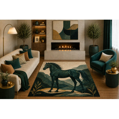 Tapis ultra-léger 152 x 213 cm (5 pi x 7 pi) à motif de chevaux noirs, style équestre moderne, idéal pour le salon, la chambre, le bureau ou une décoration champêtre. Dos en silicone antidérapant. Poils courts.