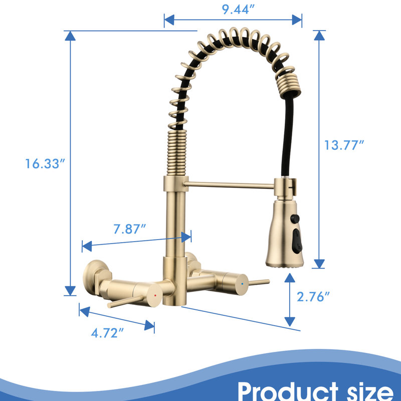 Brushed Gold Kitchen Faucet - 360 Rotation, Stainless Steel, Water Volume & Temperature Control, 1.8 Gpm Flow Rate Wall Mounted 3 Functions, Easy To Clean,