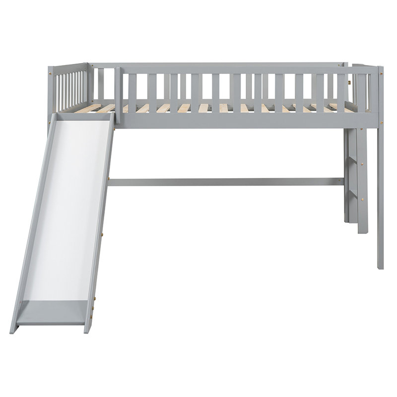 Solid Wood Full Low Loft Bed with Ladder And Slide, Gray