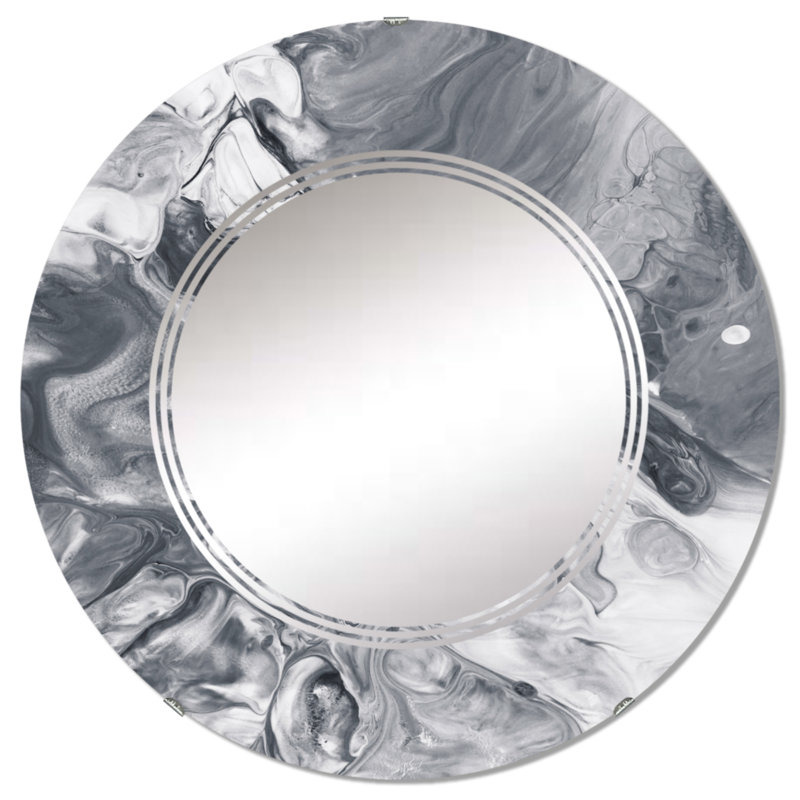 Blanc et gris vagues de marbre liquide - miroir mural rond moderne, 24 po x 24 po