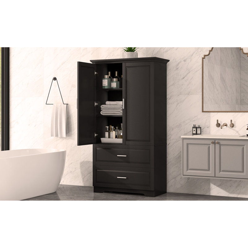 Jamyira Sturdy Tall Bathroom Storage Cabinet | 2-Door + Drawer Design | Adjustable Shelves | Water-Resistant MDF Finish | Freestanding Organizer for Toiletries & Linens
