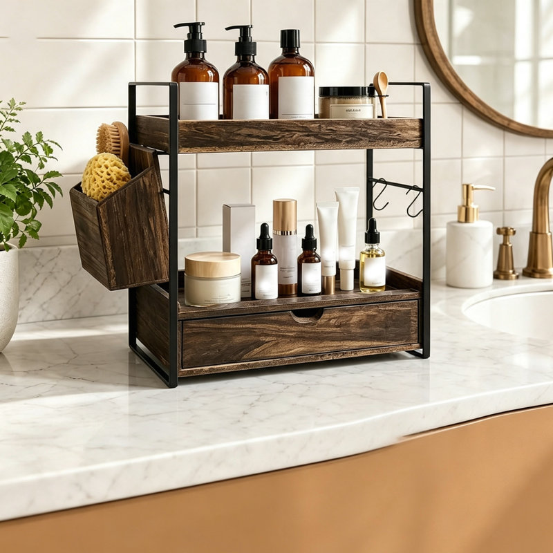 Bathroom 40 x 34 x 18 cm Counter Organizer with Drawer and Basket, Wooden Skincare Holder 2 Tier
