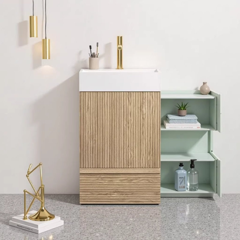 Meuble-lavabo sur pied rayé en chêne clair 20 po Gada avec lavabo en céramique blanc intégré, armoire moderne avec porte à fermeture en douceur et tiroir pour les petites et moyennes salles de bain
