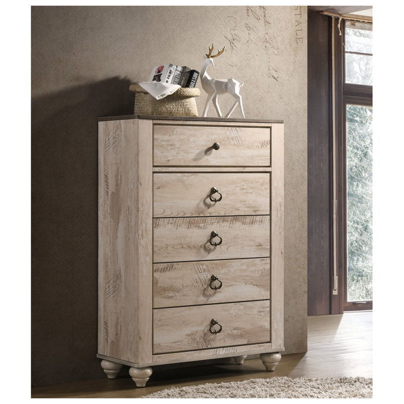 Commode à 5 tiroirs avec plateau en bois patiné, finition blanche délavée Imerland Imerland