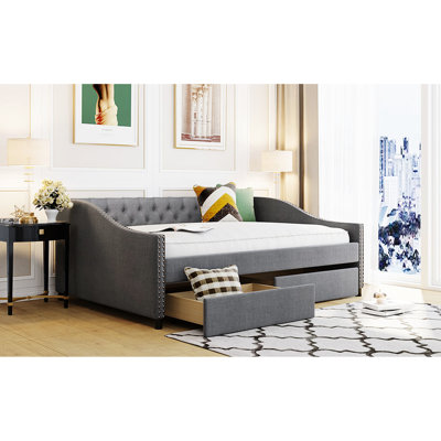 Full Size Upholstered Daybed With Two Drawers, Gray, Robust Build Structure Stable Frame