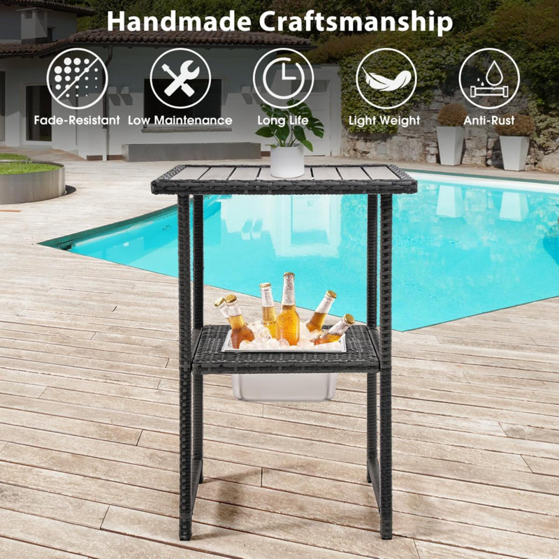 Wicker Table With Ice Bucket  Patio High Top Rattan Pub Table  Outside Tall Dining Table For Outside Deck Porch Balcony Poolside