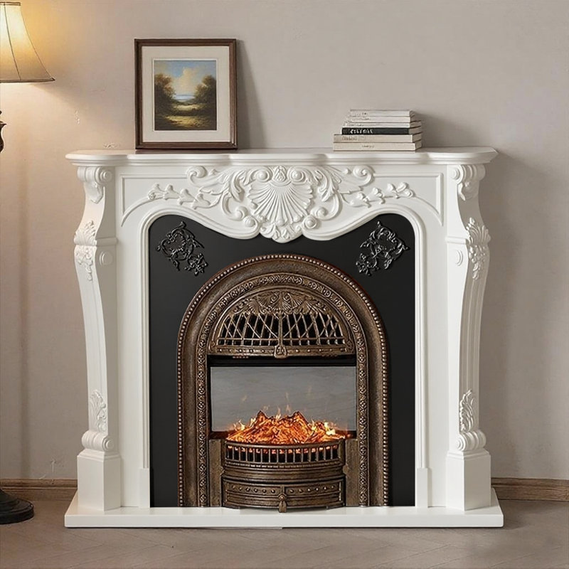 French Solid Wood Fireplace TV Cabinet, White/Black