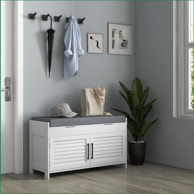 Shoe Bench, 35.4" Modern Entryway/Hallway Storage Bench with Cushion, Adjustable Shelves &amp; Shutter Doors, Snow White | White|MDF