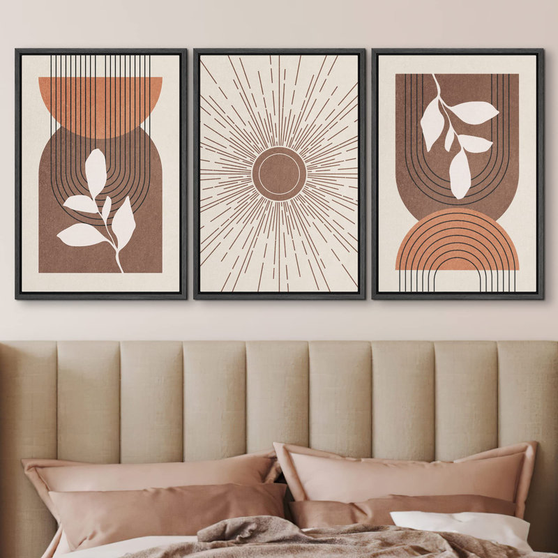 " Geometric Mid-Century Sun Floral Plants Nature Abstract Illustrations Modern Art Boho Decor " 3 - Pieces, Noir