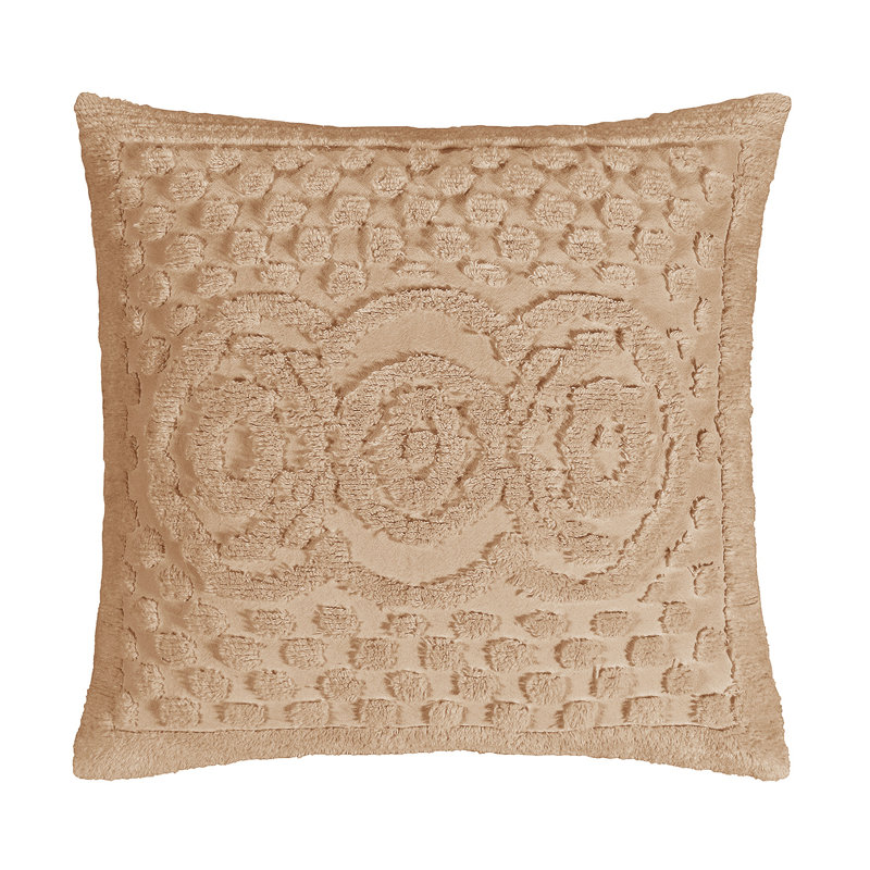 Taie décorative 100% coton Heirloom touffetée en chenille européenne, conception en médaillon, housse de coussin décorative douce et respirante, certifié OEKO-TEX, lavable à la machine, toutes saisons, 26 po x 26 po, brun clair