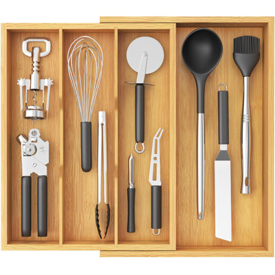 Utensil Drawer Organizer, Expendable Cooking Silverware Tray For Kitchen Drawer, Bamboo Adjustable Cutlery Flatware Holder, Spatula Tools And Gadgets Storage Divider, 4 Compartments, Natural