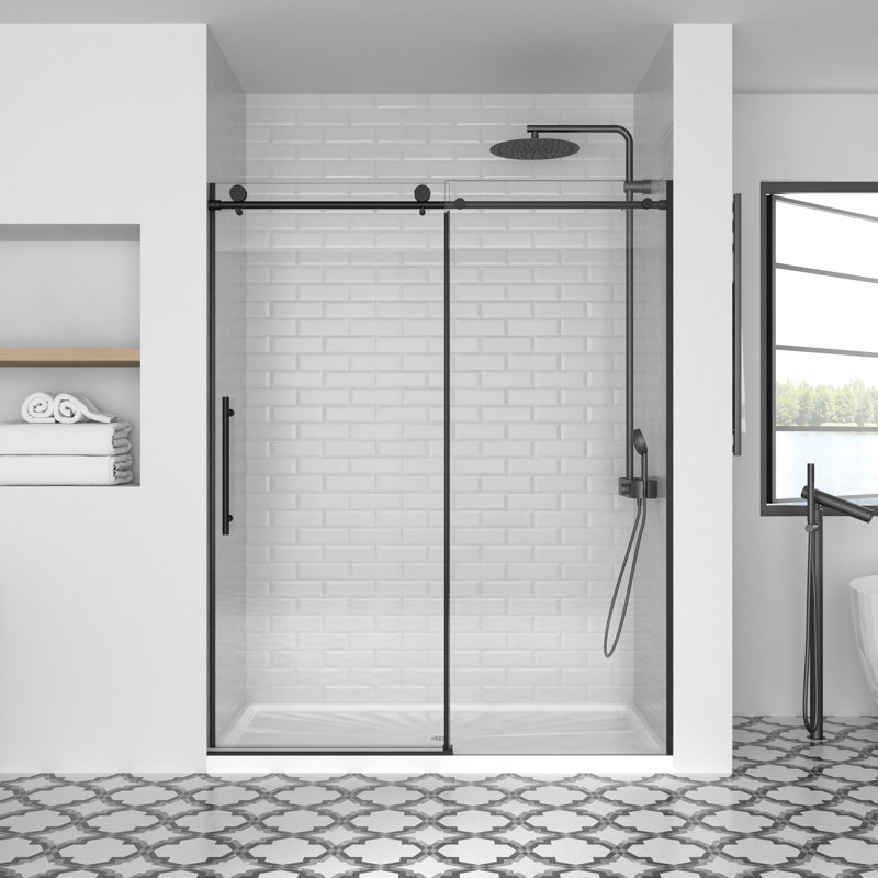 Frameless Shower Door, 56-60" W x 74" H Double Sliding Glass Shower Door with 5/16" (8mm) SGCC Thick Tempered Clear Glass Shower Door, Soft Close System & Explosion-Proof Film Nano Coating, Matte Black
