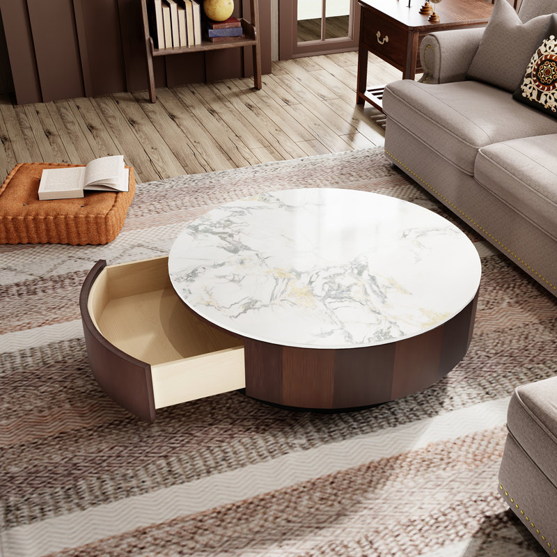 35.4" Faux Marble White and Brown Wood Round Coffee Table with Drawers for Living Room