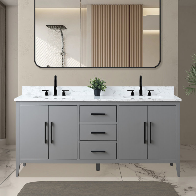 Meuble-lavabo double 72 po avec plateau en marbre, Noir mat, Gris cachemire