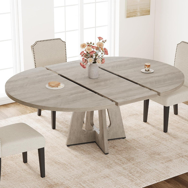 Table de salle à manger extensible ronde de 47 à 63 po pour 4-8, table de ferme ovale peu encombrante avec panier de rangement, panneau de fibres à densité moyenne durable