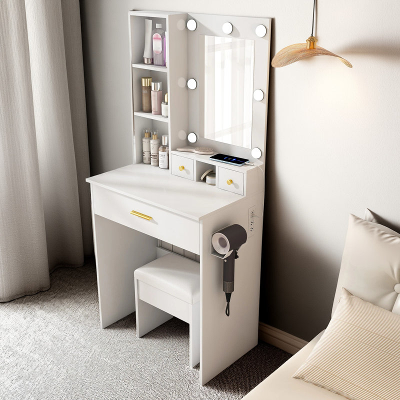 Makeup Vanity Table With LED Mirror And Stool, Gold, White