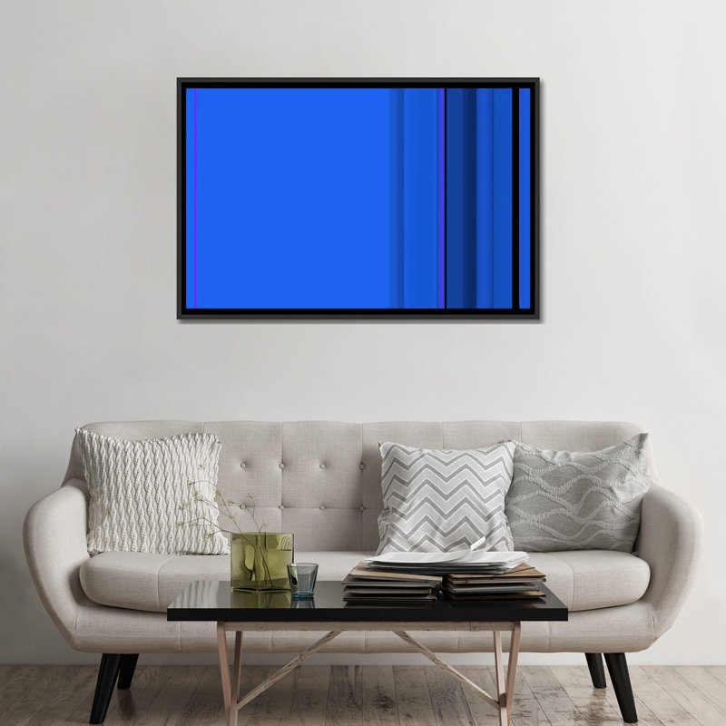 Art sur toile rayée bleu véritable, Toile avec cadre noir, H 32 po x l 48 po x P 1,5 po
