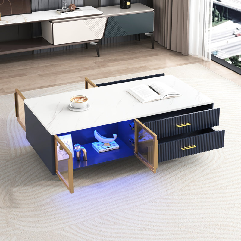 Table basse moderne bleu marine avec 2 portes de rangement en verre, 4 tiroirs, pieds en métal doré pour luxe, éclairage multicolore, ambiance dynamique, pieds rectangulaires de 47,2 po, style, taille et marbre