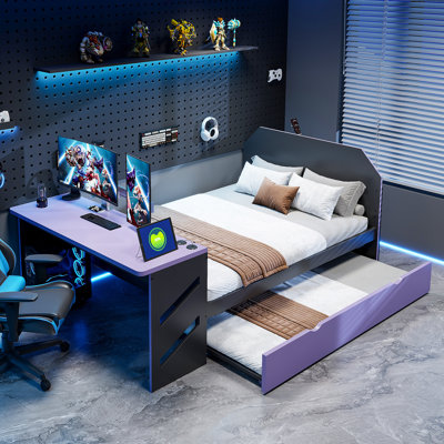 Lit de jour en bois pleine grandeur avec lit gigogne simple, bureau et USB, noir et mauve