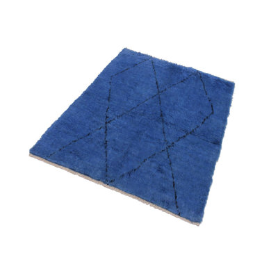 Tapis géométrique bleu en laine noué à la main à motif géométrique 5 pi 6 po x 6 pi 1 po Madelin