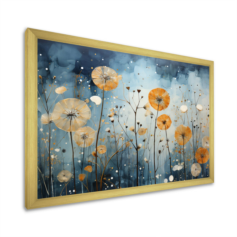 Blue Dandelion Floral Symphony VI - Floral Wall Art Living Room, H 30 po x l 40 po x P 1,5 po, Encadrement doré