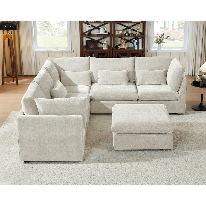 Canapé modulaire surdimensionné en V en chenille surdimensionné en V avec canapé-lit, Chenille crème