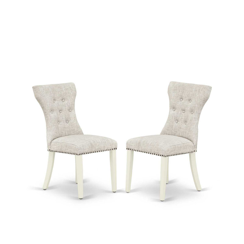 Linen White Solid Wood Round Dining Set with Gray Upholstered Chairs