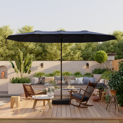 15' X 9' Double-Sided Patio Umbrella With Base, Optional Led Lights, Outdoor Market Umbrella With Sand Bags And Cover Included