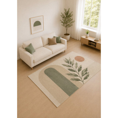 Tapis vert clair et beige à arche botanique de 5 pi x 7 pi pour salon, tapis moelleux à poils courts avec envers en silicone antidérapant, décor pour la chambre à coucher et le bureau personnel
