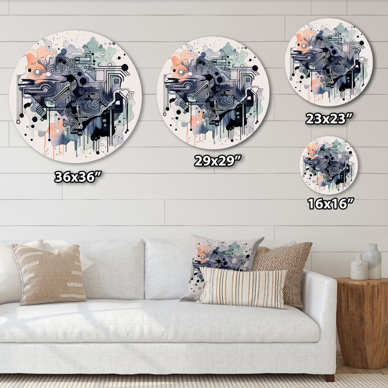 Blue And Orange Vibrant Paradoxes II - Abstract Round Wall Art on Metal, 16" H x 16" W x 1" D