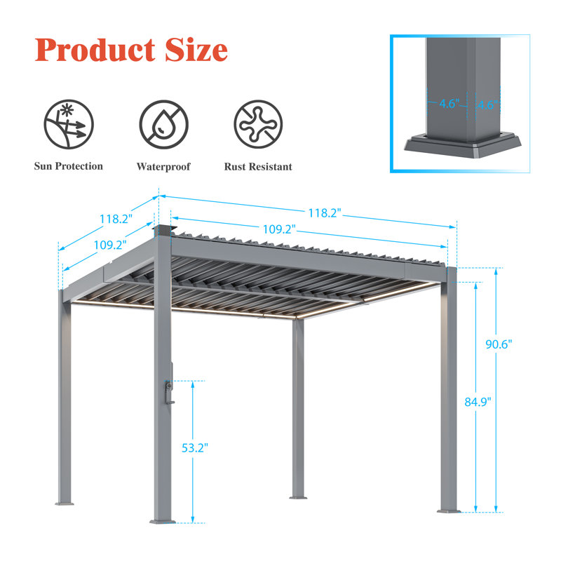 Modern Aluminum Pergola with Adjustable Louvers, LED Lights, and Solar Charging, for Balcony, Deck, and Garden, 10 ft x 10 ft
