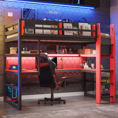 Wood Loft Bed With Desk,Side Storage Rack,Multi-Storage Shelves And RGB Light