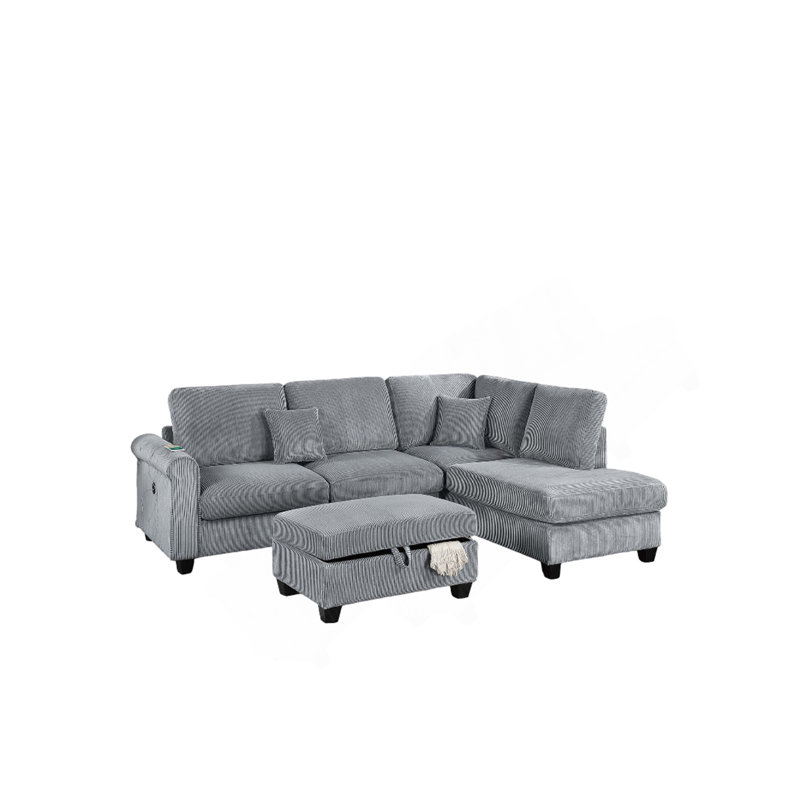 Contemporary Style 3Pc Sectional Set Right Arm Chaise Left Arm Sofa W/ USB Port Storage Ottoman Throw Pillow Wooden Legs Fog Finish Primary Living Room