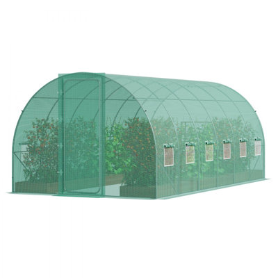 Serre tunnel de 5,9 x 2,9 x 2,25 m (19,4 x 9,7 x 7,4 pi), porte battante et 12 fenêtres enroulables pour l'extérieur, serre chaude pour plantes avec structure en acier galvanisé et bâche en polyéthylène vert.