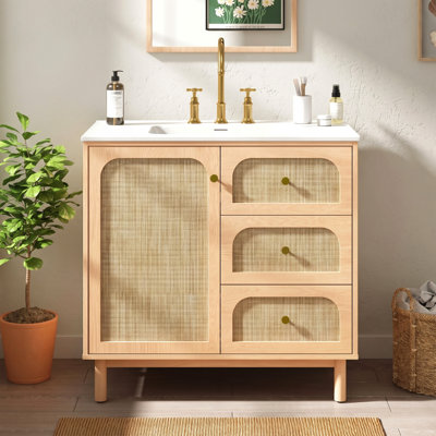 Meuble-lavabo de 36 pouces avec lavabo en résine Smc, tiroir rabattable, 2 tiroirs, armoire à porte en rotin avec tablette réglable, portes à fermeture en douceur, détails de décoration en rotin naturel incrusté, ton de bois naturel